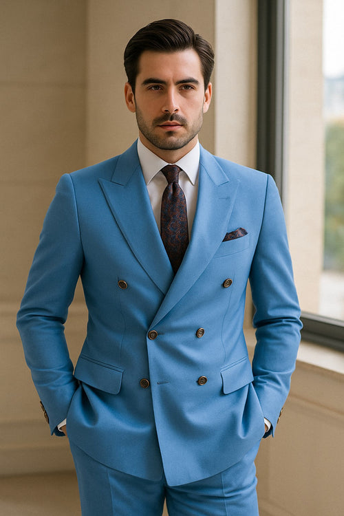 Slim Fitted Cut Mens Double Breasted Suit - Fabric - Flat Front Pants