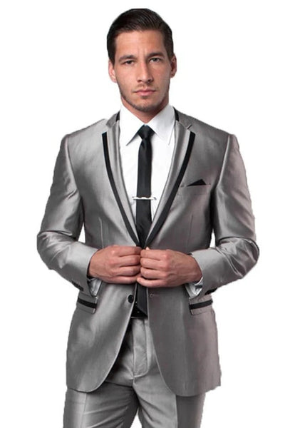 Cheap Priced Suit - Men's Two Button Slim Fit Wedding & Prom 2026 Tuxedo Suit In Shiny Silver Sharkskin With Black Piping