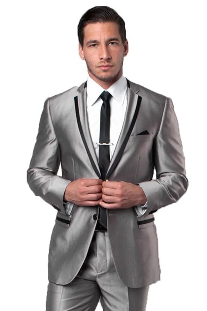 Cheap Suit - Men's Two Button Slim Fit Wedding & Prom Tuxedo Suit In Shiny Silver Sharkskin With Black Piping