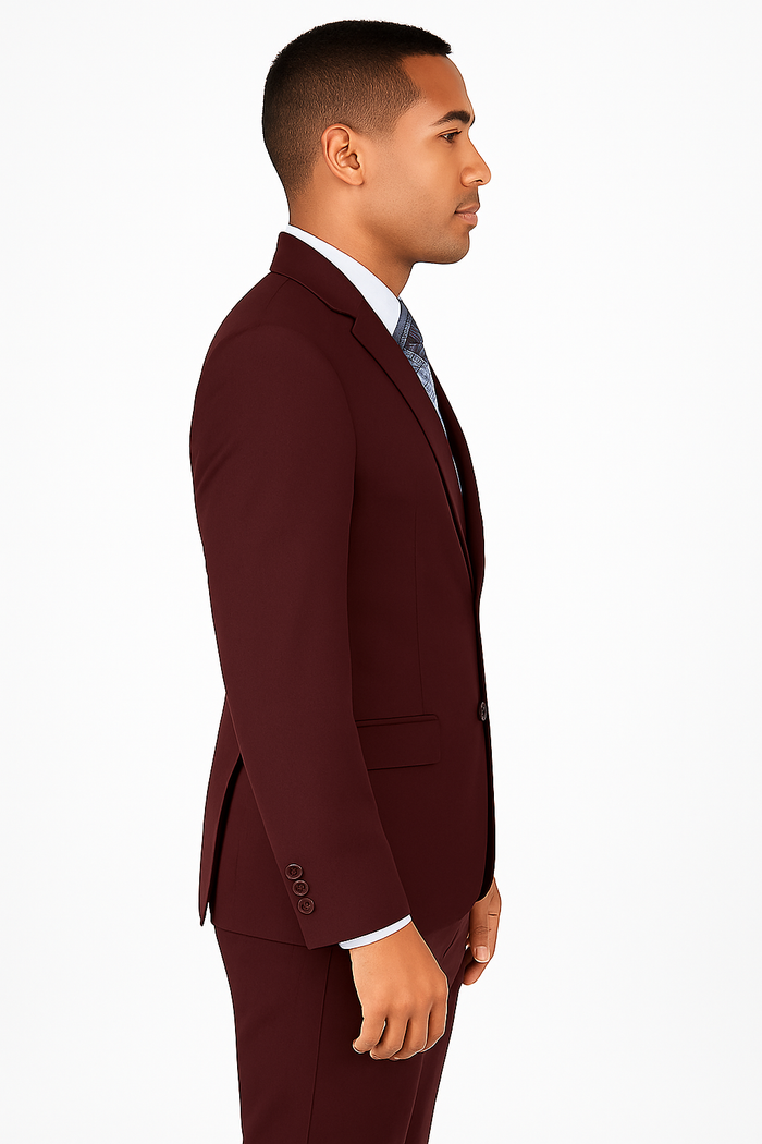 Slim fit burgundy suit jacket and pants set for formal events