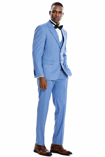 Cheap priced Suit - Men's Two Button Vested Wide Notch Lapel Vintage Style Pinstripe Smoke Blue Suit