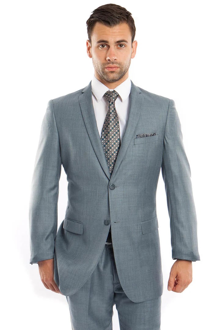 Cheap Priced Suit  - Men's Slim Fit Textured Shiny Sharkskin Smoke Blue Suit - 38 Short Jacket+32 Waist Adjustable 28to34)(Height: 5 4 to5 7 )(Neck  15-16.5)S-M)