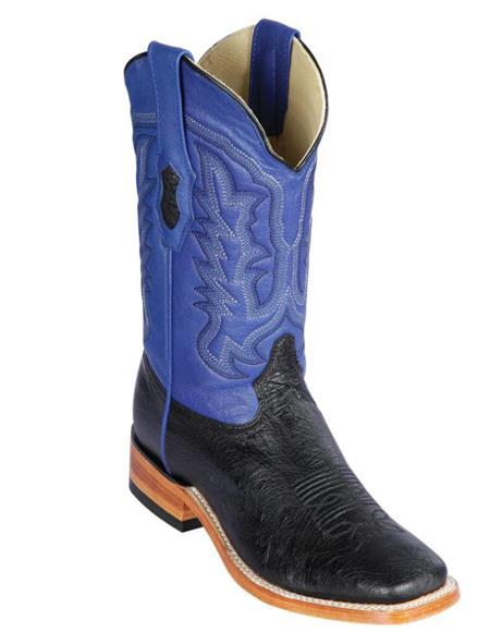 Leather Sole Los Altos Boots Smooth Ostrich Square Toe Cowboy Boots Black/Blue - Botas De Avestruz - 6.0 Standard / D / Medium