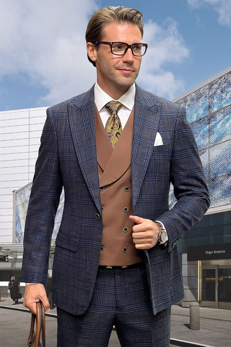Men's Designer Wool Vested Suit in Midnight Blue Glenplaid - 36 Short