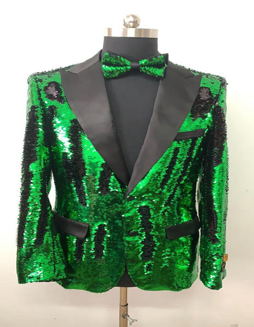 Men's Green Sequin Tuxedo Jacket with Black Satin Lapel and Bow Tie â€“ Sparkling Party and Stage Blazer By Alberto Nardoni