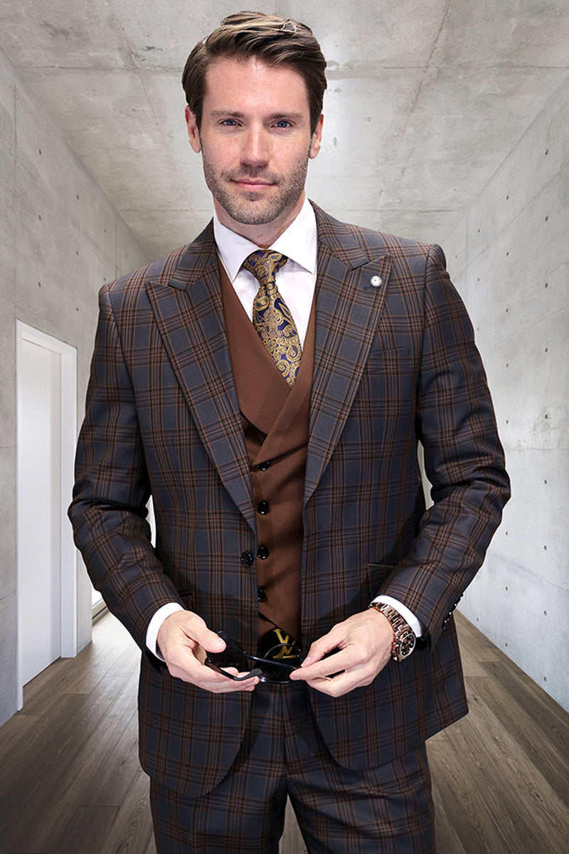 Men's One Button Peak Lapel Wool Vested Suit in Charcoal Grey Windowpane Plaid - 36 Short
