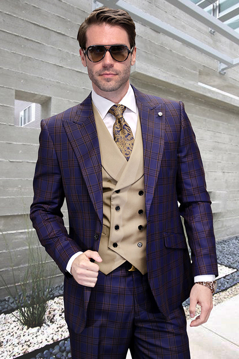 Men's One Button Peak Lapel Wool Vested Suit in Sapphire Windowpane Plaid - 36 Short