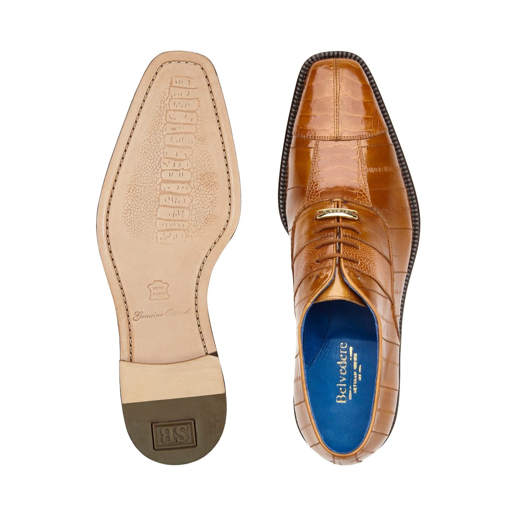 Belvedere Mare Shoes Men's Camel Genuine Ostrich & Eel Split-toe Oxfords - 6