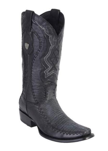Men's Sanded Black Dubai Square Toe Wild West Genuine Lizard Handcrafted Dress Cowboy Boot Cheap Priced For Sale Online - 6.5 Standard / D / Medium