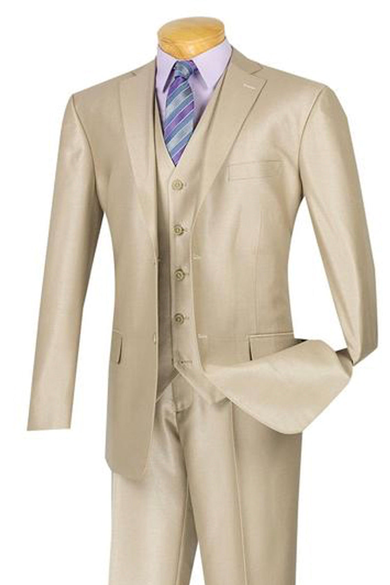 Mens Classic Vested Shiny Sharkskin Suit in Beige - 36 Short