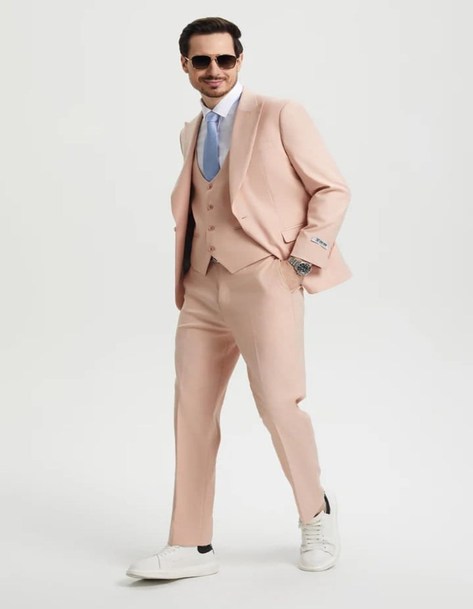 Men's Vested One Button Peak Lapel Stacy Adams Designer Blush Pink Suit - 38 Short Jacket+32 Waist Adjustable 28to34)(Height: 5 4 to5 7 )(Neck  15-16.5)S-M)