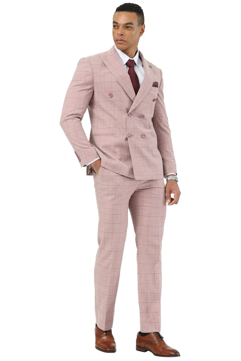 Mens Stacy Adams Double Breasted Summer Suit in Pink Windowpane Plaid - 34 Short or Extra Small