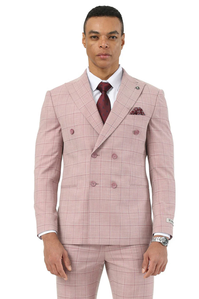 Mens Stacy Adams Double Breasted Summer Suit in Pink Windowpane Plaid - 34 Short or Extra Small