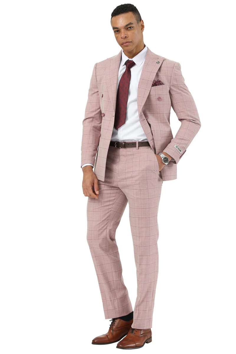 Mens Stacy Adams Double Breasted Summer Suit in Pink Windowpane Plaid - 34 Short or Extra Small