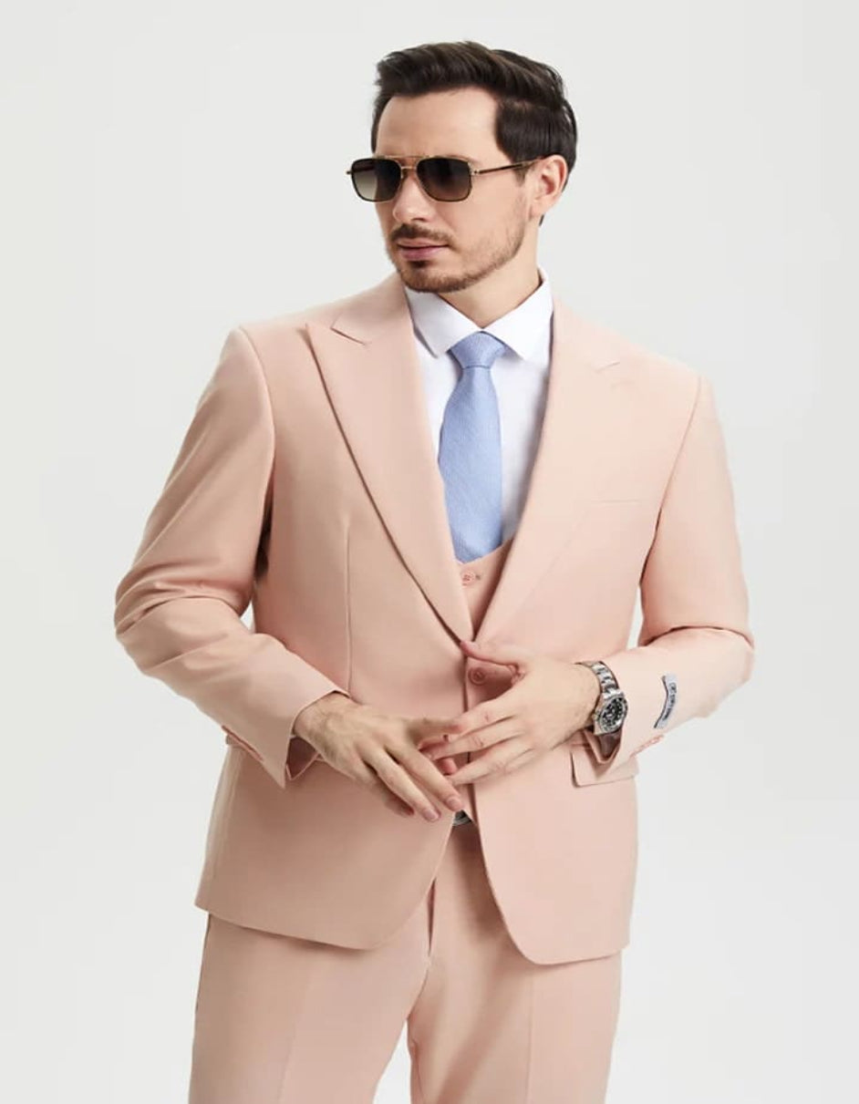 Men's Vested One Button Peak Lapel Stacy Adams Designer Blush Pink Suit - 38 Short Jacket+32 Waist Adjustable 28to34)(Height: 5 4 to5 7 )(Neck  15-16.5)S-M)