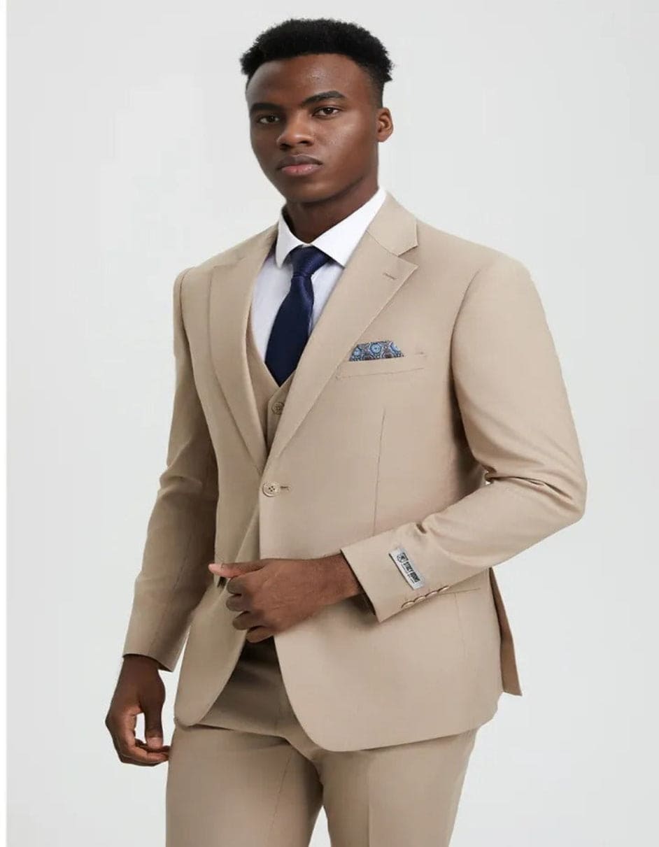 Men's Two Button Vested Stacy Adams Basic Designer Tan Suit - Coat Size 38