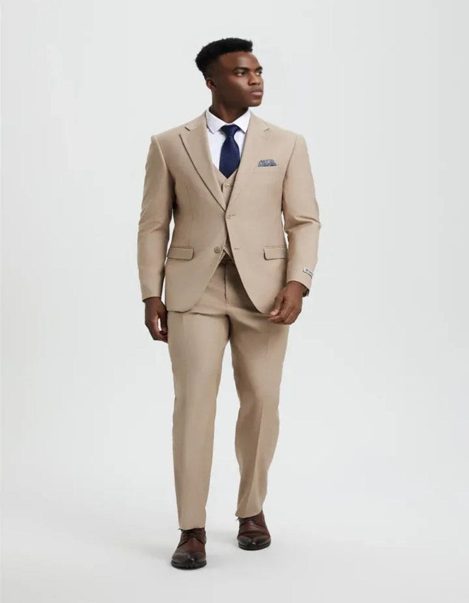 Men's Two Button Vested Stacy Adams Basic Designer Tan Suit - Coat Size 38