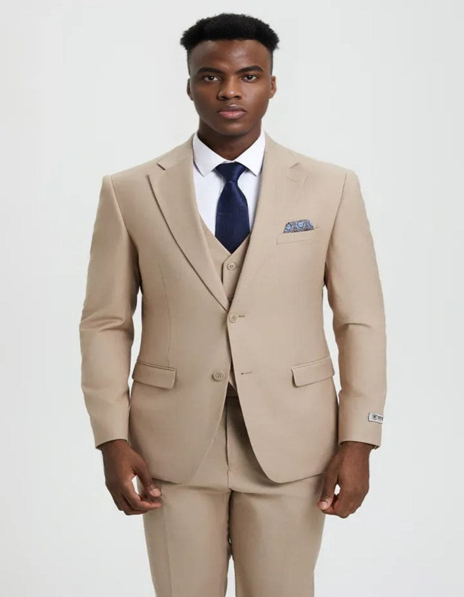 Men's Two Button Vested Stacy Adams Basic Designer Tan Suit - Coat Size 38