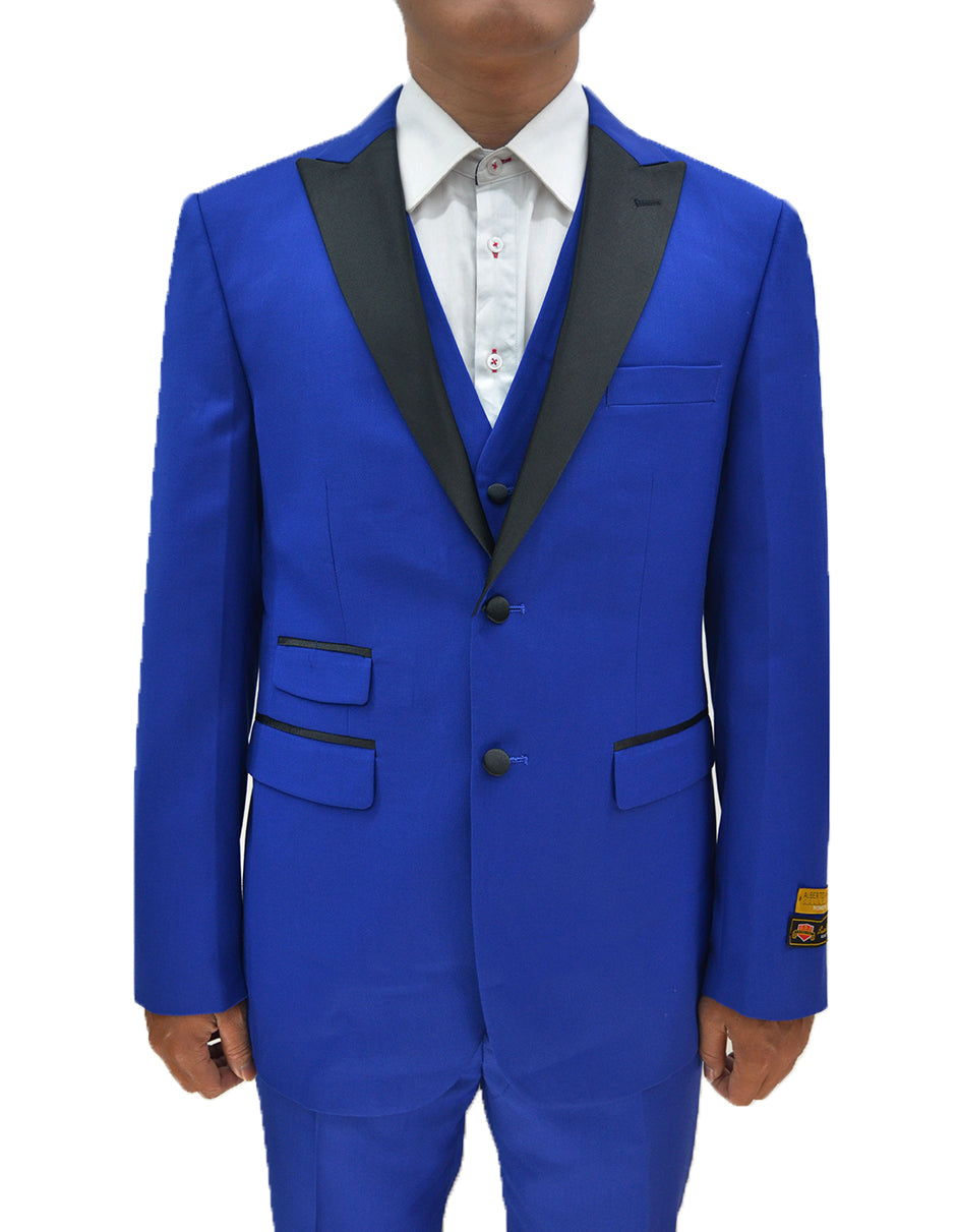 Mens Royal Blue Prom Tuxedo - Mens 2 Button Peak Lapel Vested Prom Tuxedo in Royal Blue - 38 Short Jacket+32 Waist Adjustable 28to34)(Height: 5 4 to5 7 )(Neck  15-16.5)S-M)