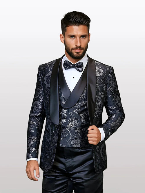 Statement Men's Black Floral Patterned Vested Tuxedos with Bowtie