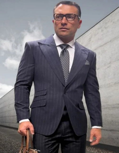 Statement Suits - Wool Suits - Peak Lapel Suits - Ticket Pocket - Modern Fit - Charcoal Stripe Suit-New Designer Collection