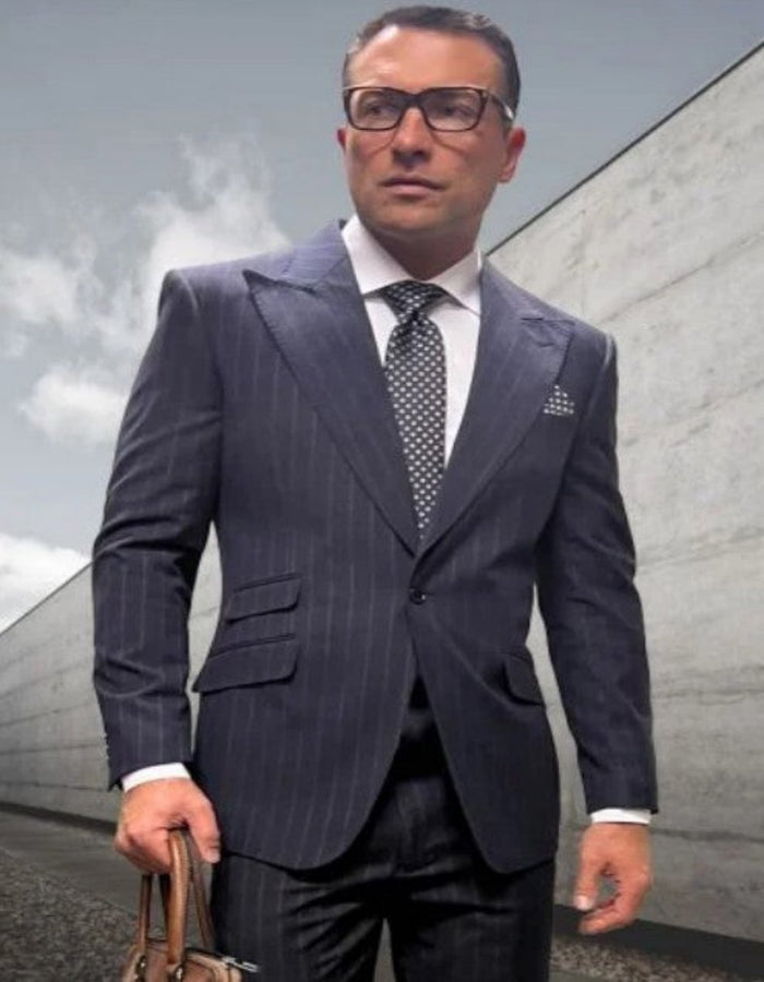 Statement Suits - Wool Suits - Peak Lapel Suits - Ticket Pocket - Modern Fit - Charcoal Stripe Suit-New Designer Collection