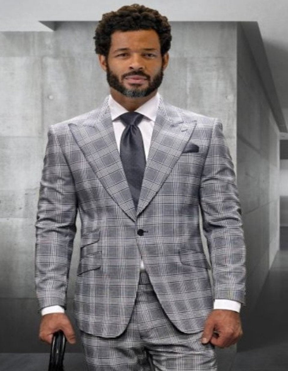 Windowpane Texture Business Pattern Modern Fit Side Vented Suits - Wool Suits - Peak Lapel Suits - Ticket Pocket - Modern Fit - Grey Plaid Suit - Coat Size 38