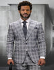 Windowpane Texture Business Pattern Modern Fit Side Vented Suits - Wool Suits - Peak Lapel Suits - Ticket Pocket - Modern Fit - Grey Plaid Suit