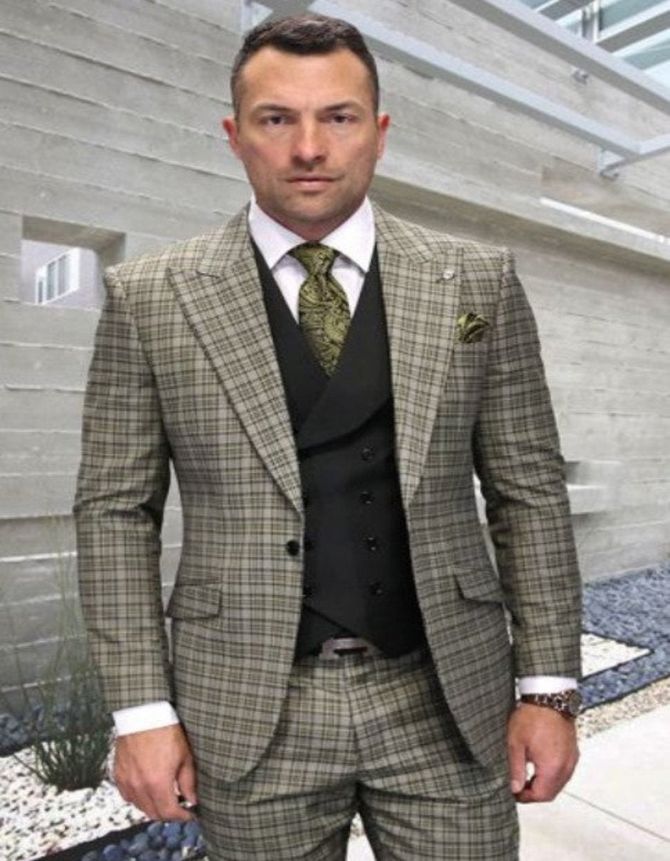 Statement Suits - Wool Suits - Peak Lapel Suits - Ticket Pocket - Modern Fit - Olive Suit - Coat Size 38