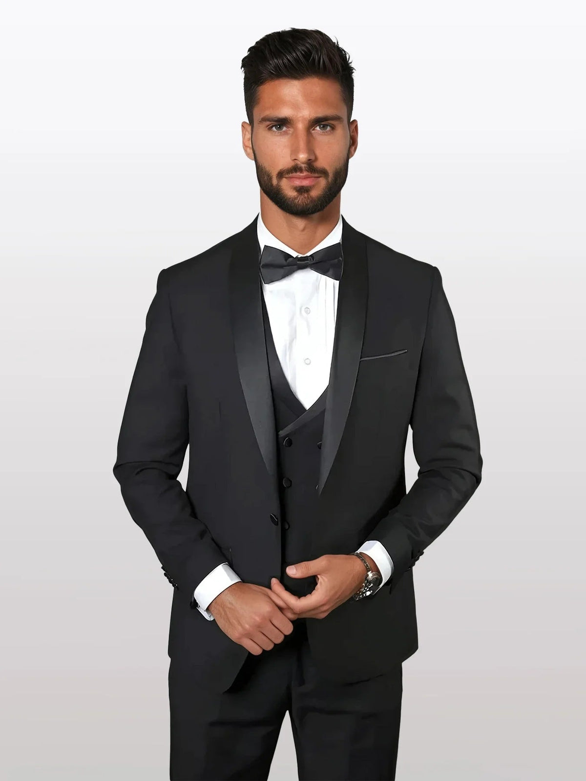 34 Statement Men's Black Shawl Lapel 100% Wool Vested Tuxedos
