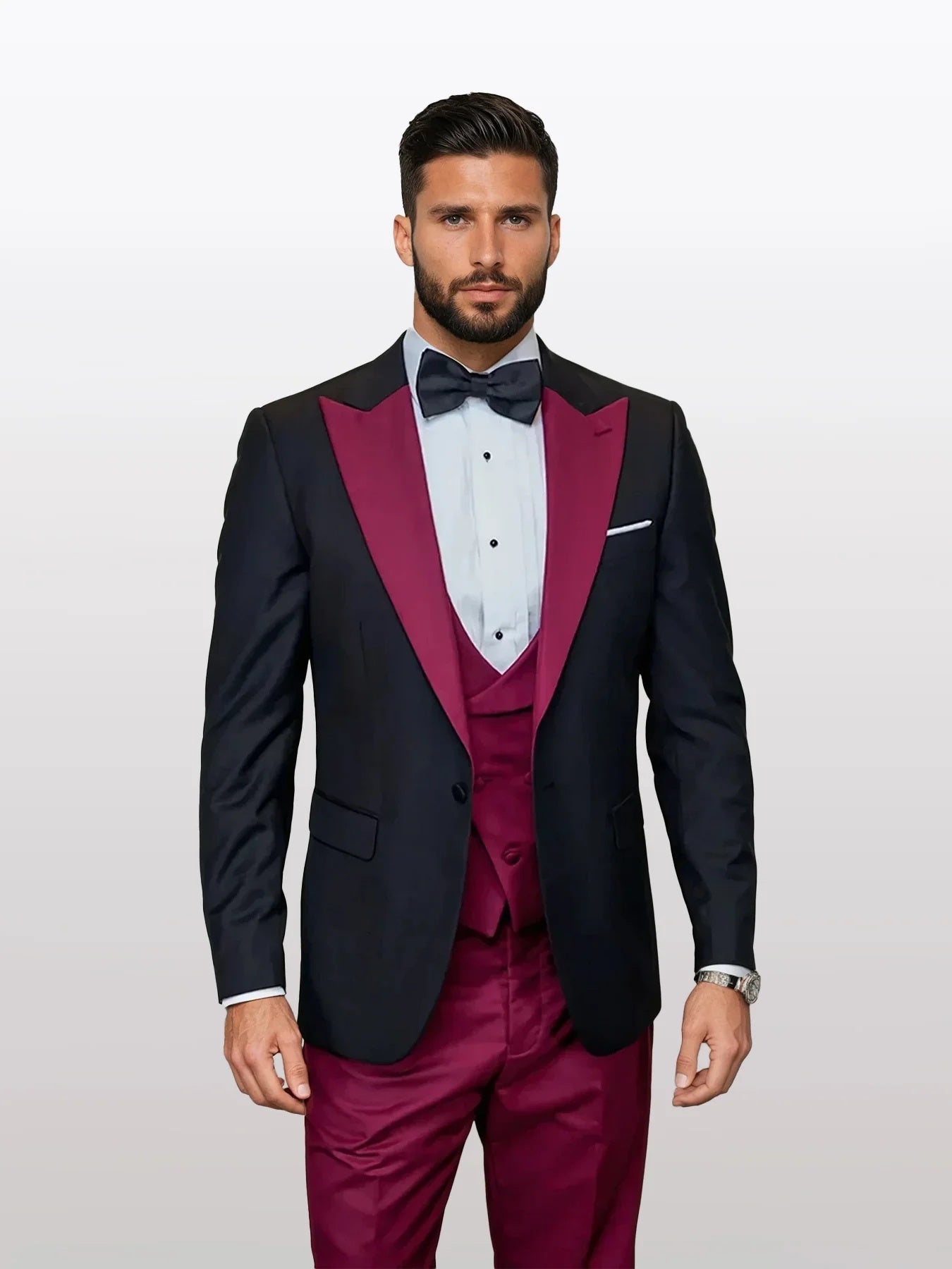 Statement Men's Black Vested with Burgundy Peak Lapel 100% Wool Tuxedos