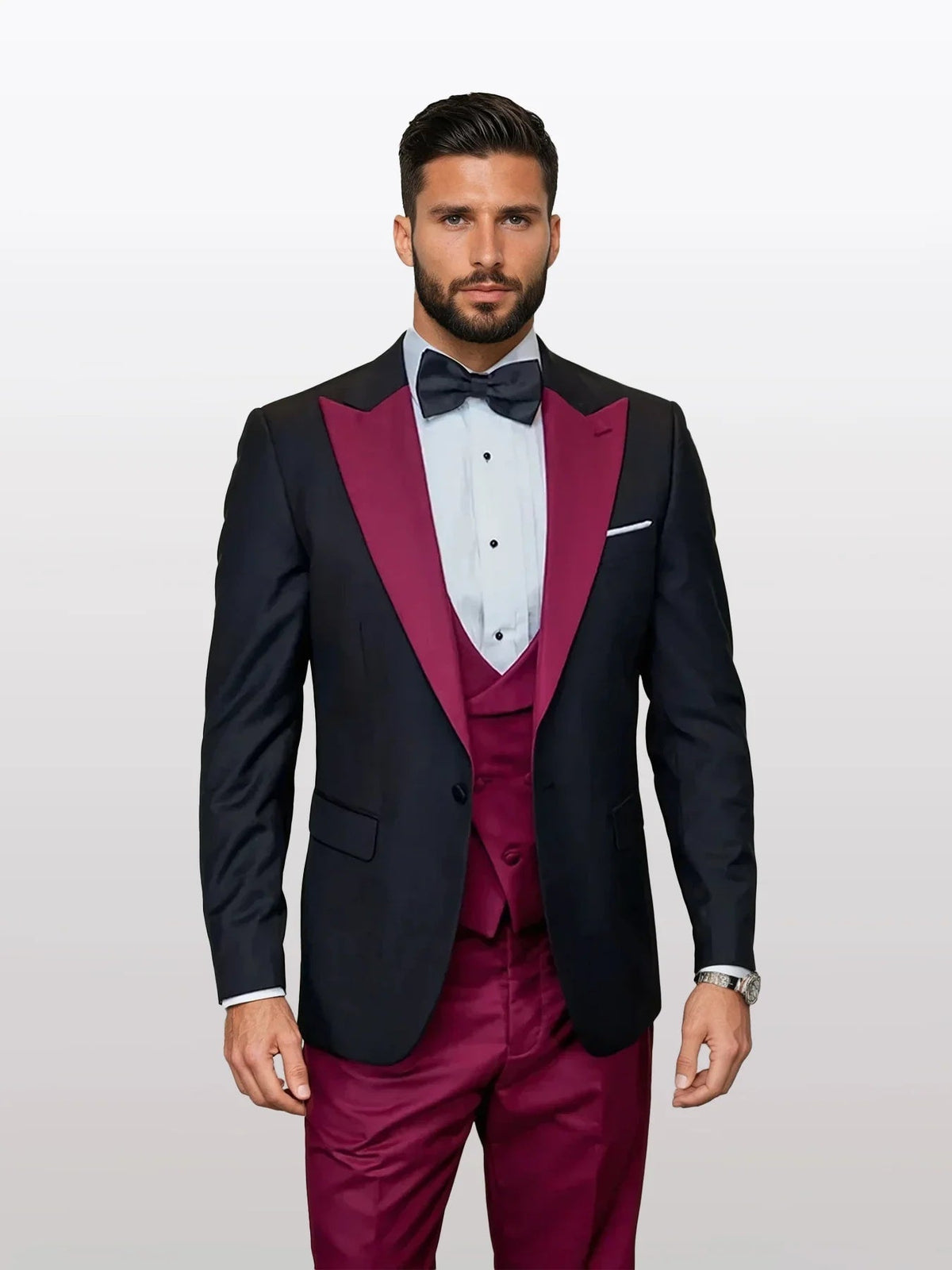 34 Statement Men's Black Vested with Burgundy Peak Lapel 100% Wool Tuxedos