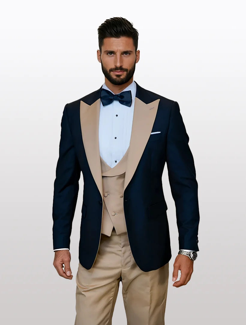 34 Statement Men's Black Vested with Champagne Peak Lapel 100% Wool Tuxedos