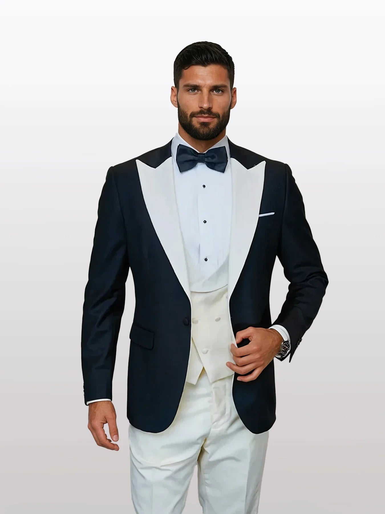 Statement Men's Black Vested with Ivory Peak Lapel 100% Wool Tuxedos - 34 Short or Extra Small