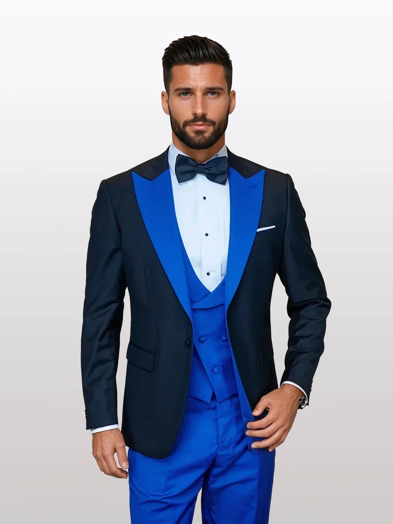 Statement Men's Black Vested with Royal Blue Peak Lapel 100% Wool Tuxedos - 34 Short or Extra Small