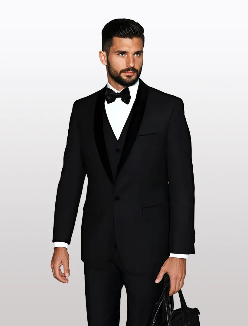 Statement Men's Black with Black Lapel Vested 100% Wool Velvet Tuxedos - 34 Short or Extra Small