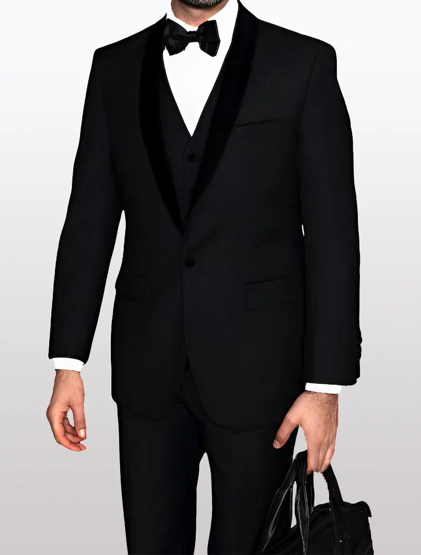 Statement Men's Black with Black Lapel Vested 100% Wool Velvet Tuxedos - 34 Short or Extra Small