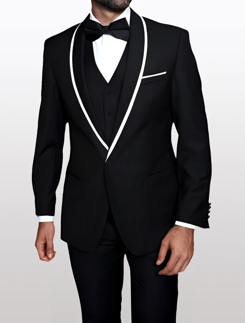 Statement Men's Black with White Lapel Vested 100% Wool Tuxedos - 34 Short or Extra Small