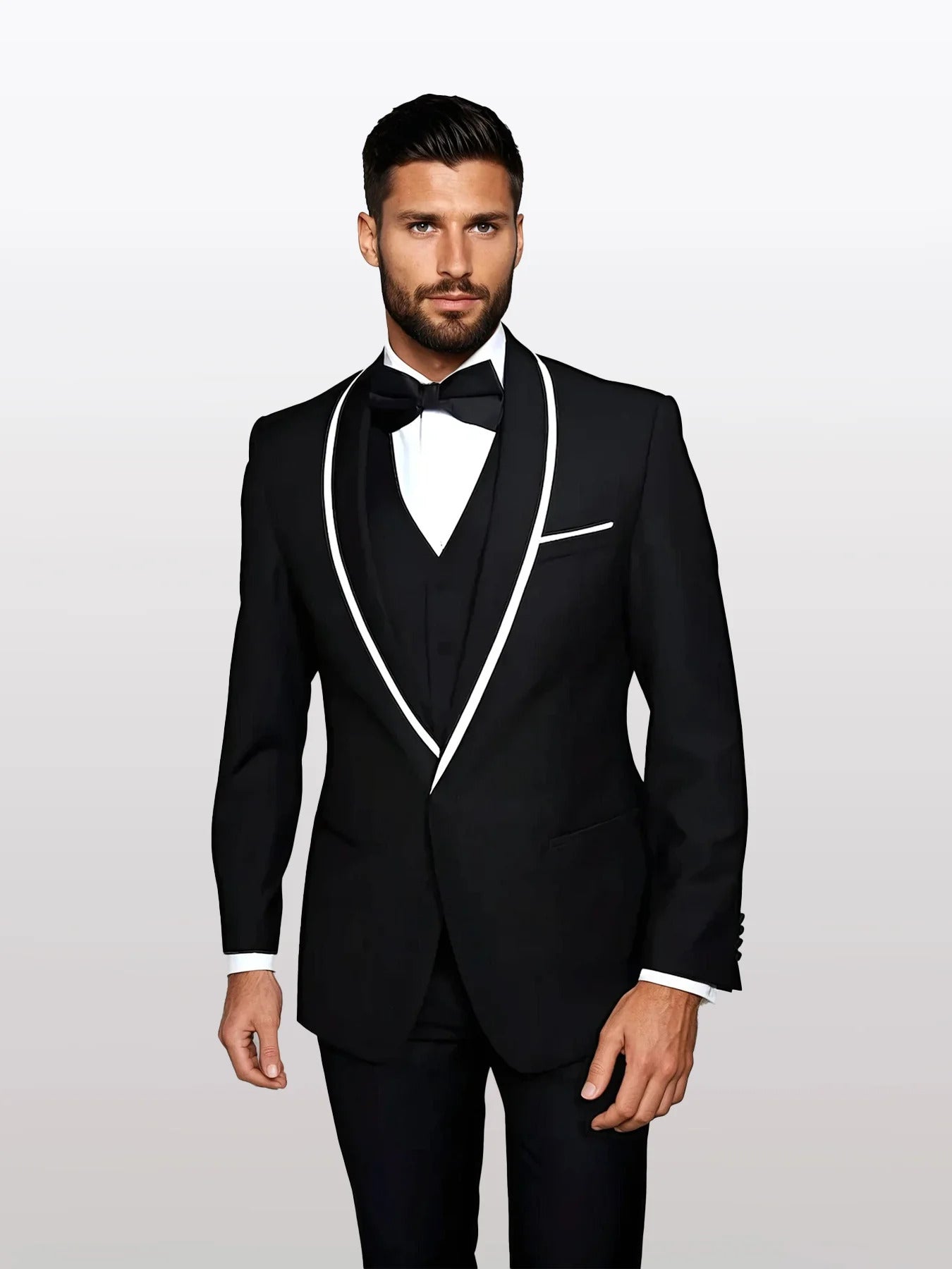 Statement Men's Black with White Lapel Vested 100% Wool Tuxedos