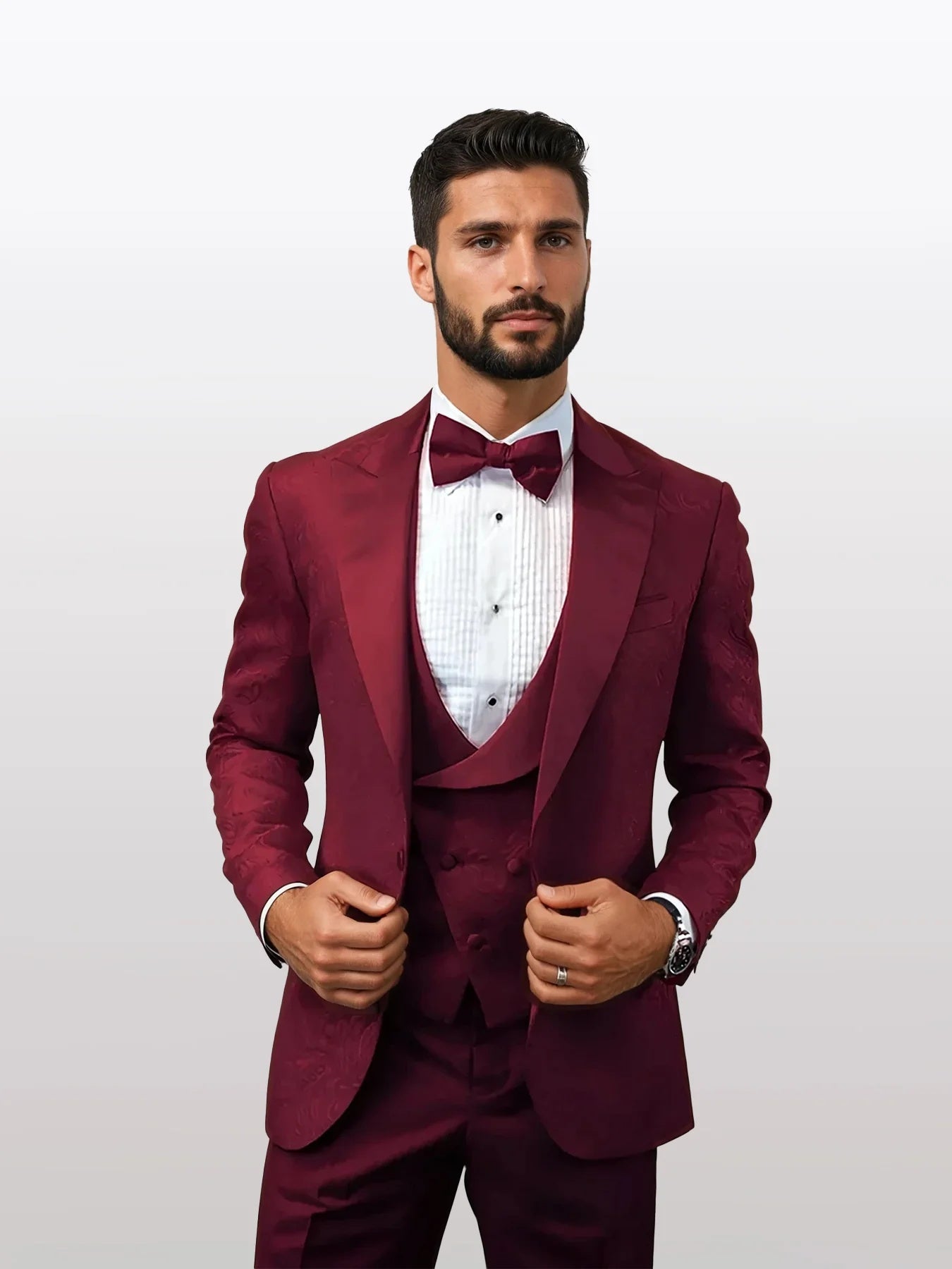 Statement Men's Burgundy Patterned Vested Tuxedos with Bowtie - 34 Short or Extra Small