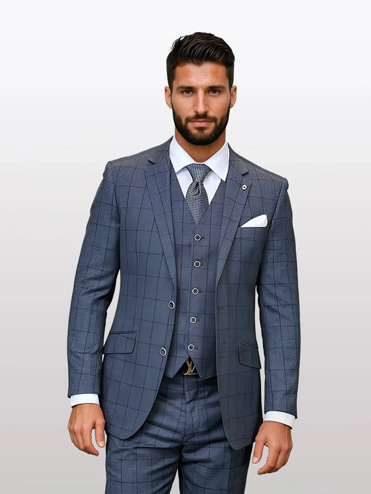 Statement Men's Charcoal Windowpane Modern Fit Vested Suits