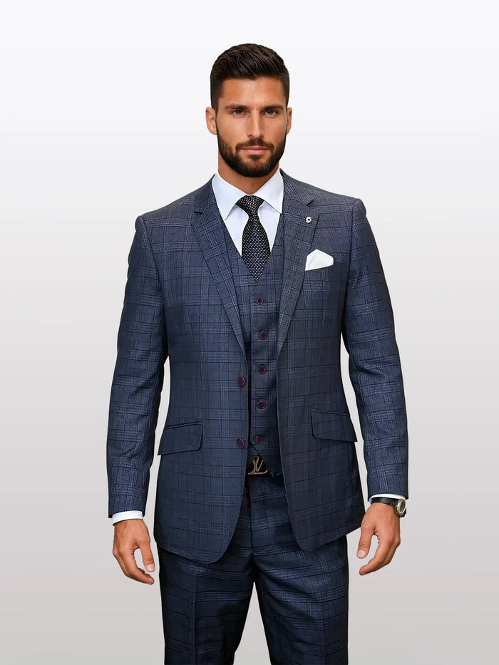 Statement Men's Charcoal Windowpane Plaid Modern Fit 100% Wool Vested Suit
