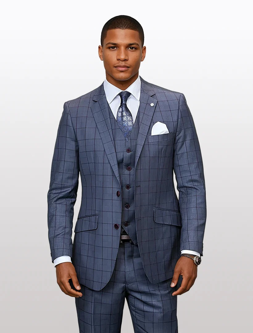 Statement Men's Charcoal and Burgundy Windowpane 100% Wool Vested Suits - 34 Short or Extra Small