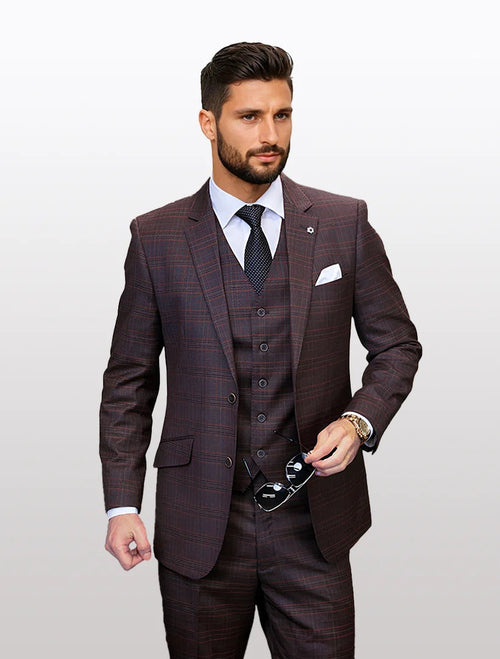 Statement Men's Copper Plaid 100% Wool Vested Suits