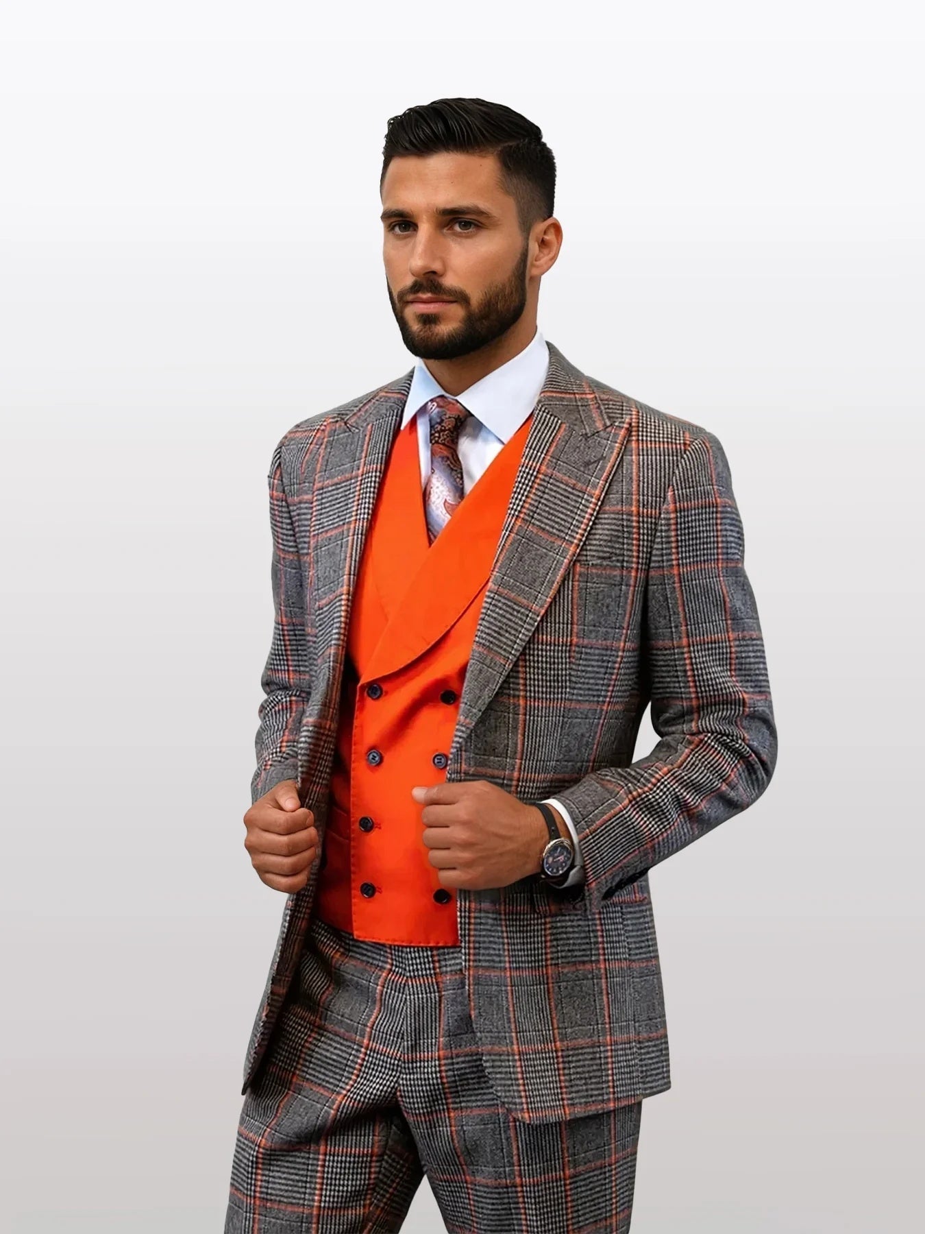 Statement Men's Coral Over Plaid 100% Wool Suits with Double Breasted Vest - 34 Short or Extra Small
