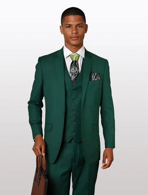 Statement Men's Forest Green Modern Fit 100% Wool Vested Suits
