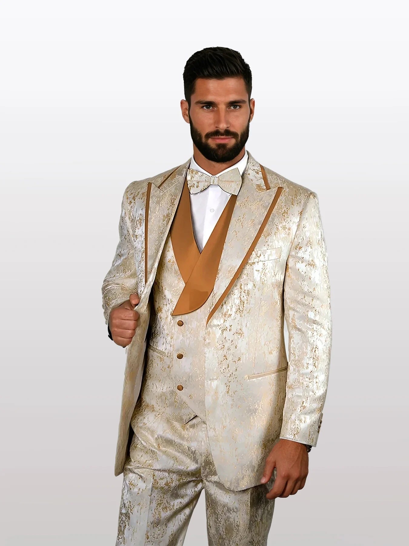 Statement Men's Gold Jacquard Vested Tuxedos with Pleated Pants - 34 Short or Extra Small