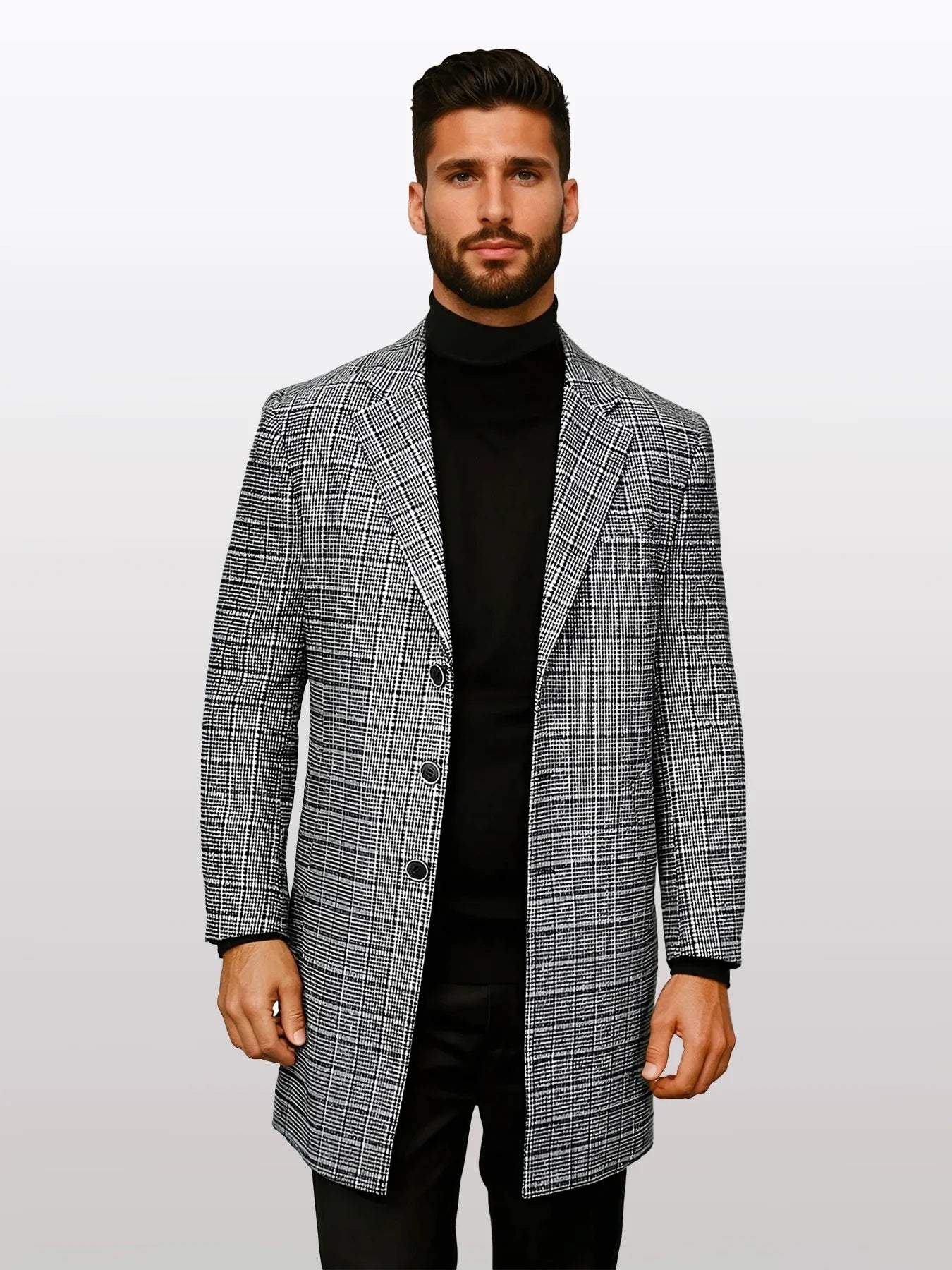 Statement Men's Grey with Black Windowpane 100% Wool 3/4 Coat - 34 Short or Extra Small