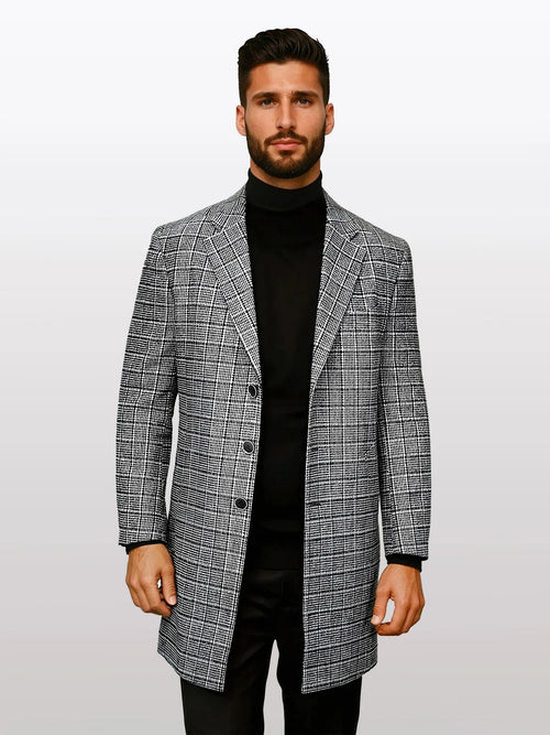 Statement Men's Grey with Black Windowpane 100% Wool 3/4 Coat