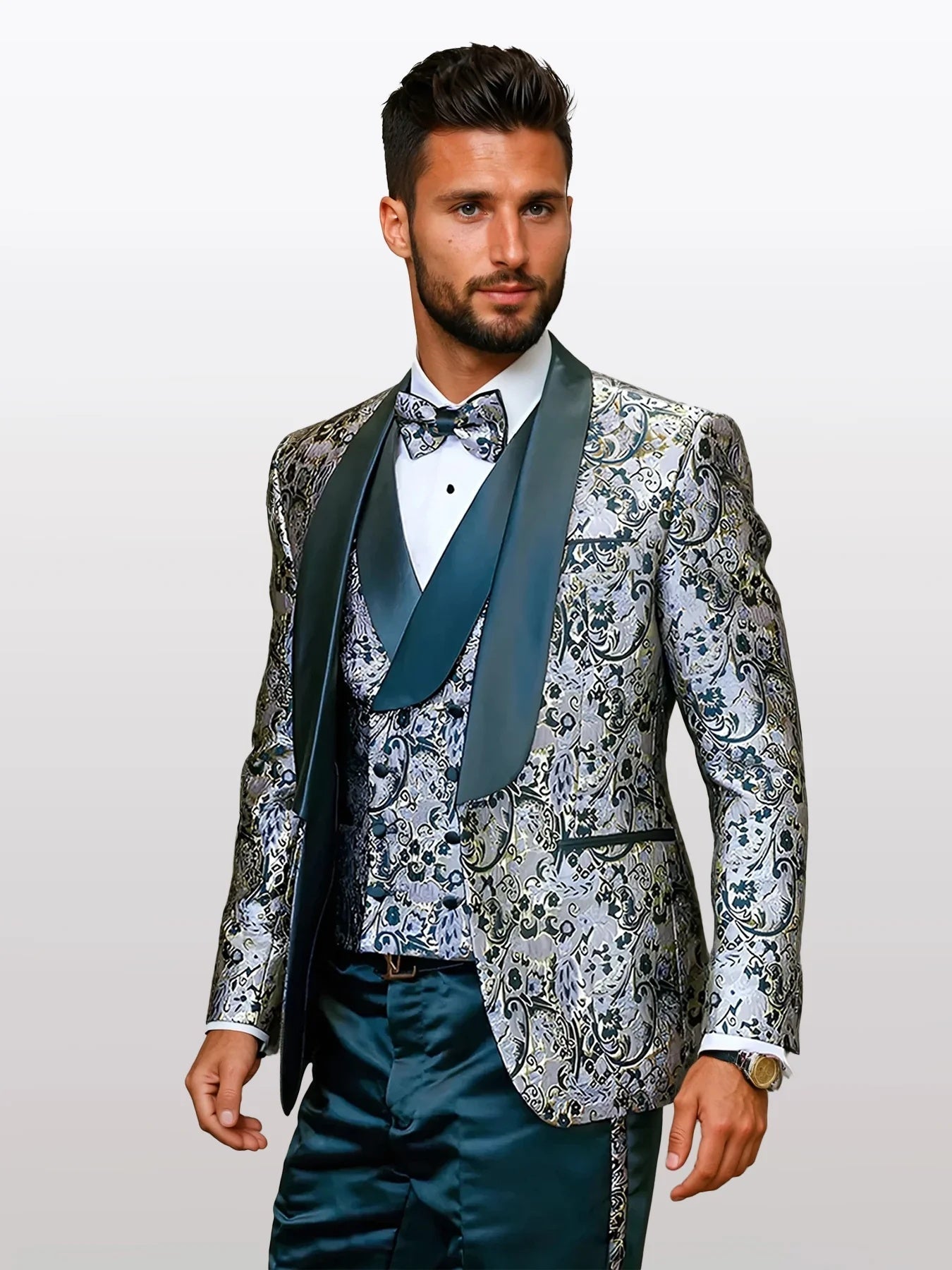 Statement Men's Hunter Green Patterned Vested Tuxedos with Bowtie